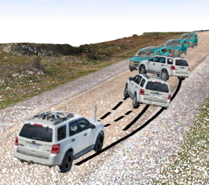 Illustrated vehicle collision analysis showing tracked vehicle positions on a gravel road.